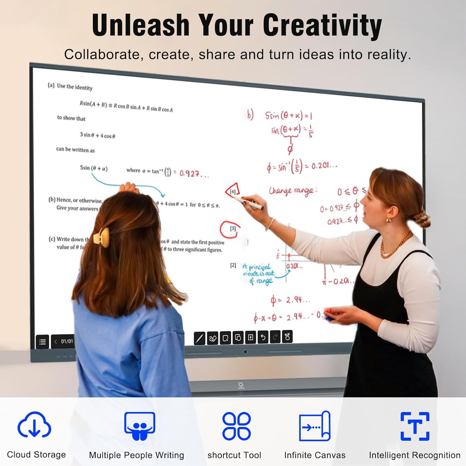 75'' Interactive Whiteboard, 4K Touchscreen Smart Whiteboard with Built-in Dual System Windows 11 Pro & Android 14.0, Smart Board for Classroom and Business(Board+Wall Mount+Movable Stand)