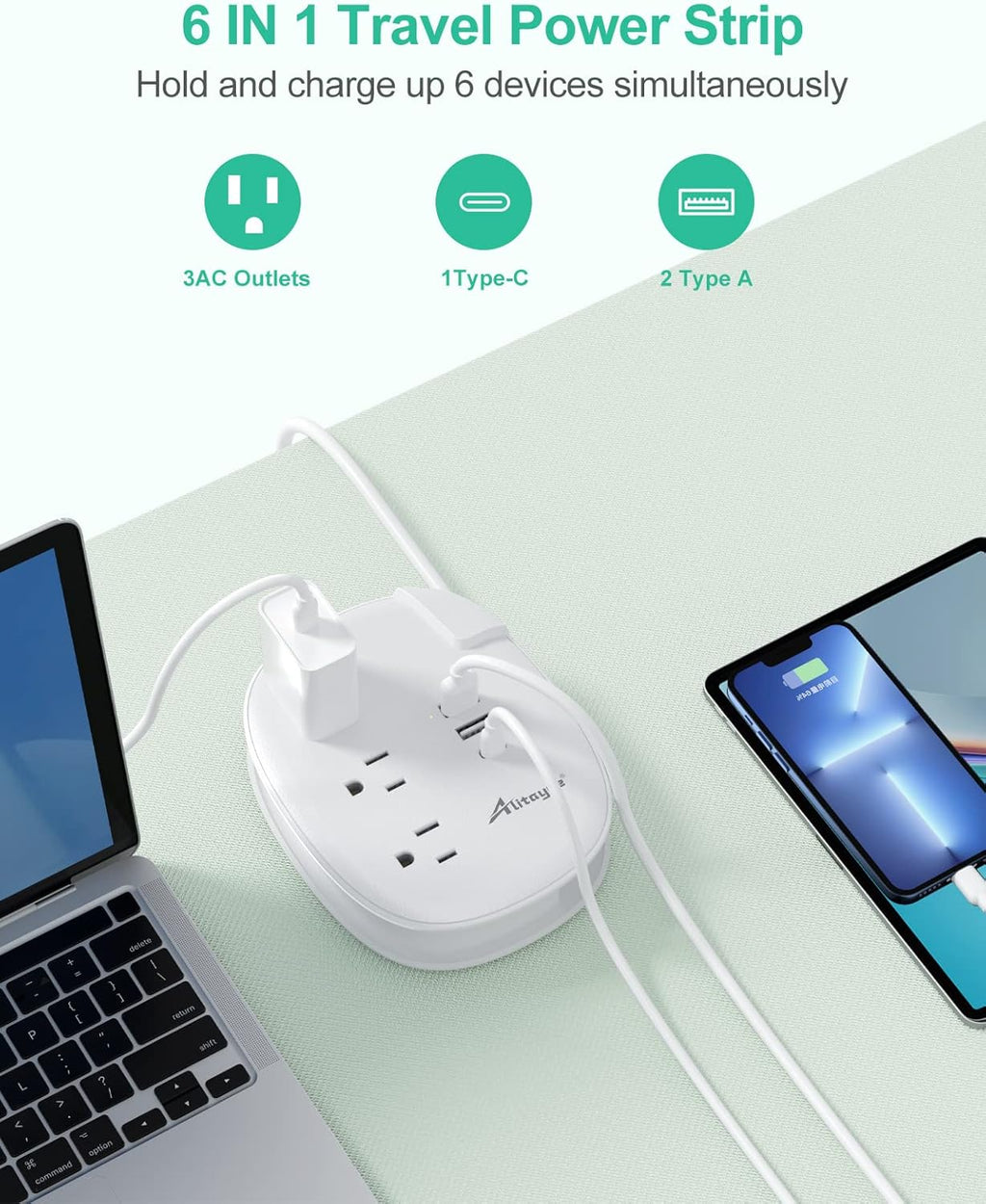 Alitayee USB C Travel Power Strip,Portable Power Strip with 3 Outlets 3 USB Ports Fast Charge, USB Extension Cord with Flat Plug and 4ft Wrapped Around Extension Cord for Cruise Travel Home Office