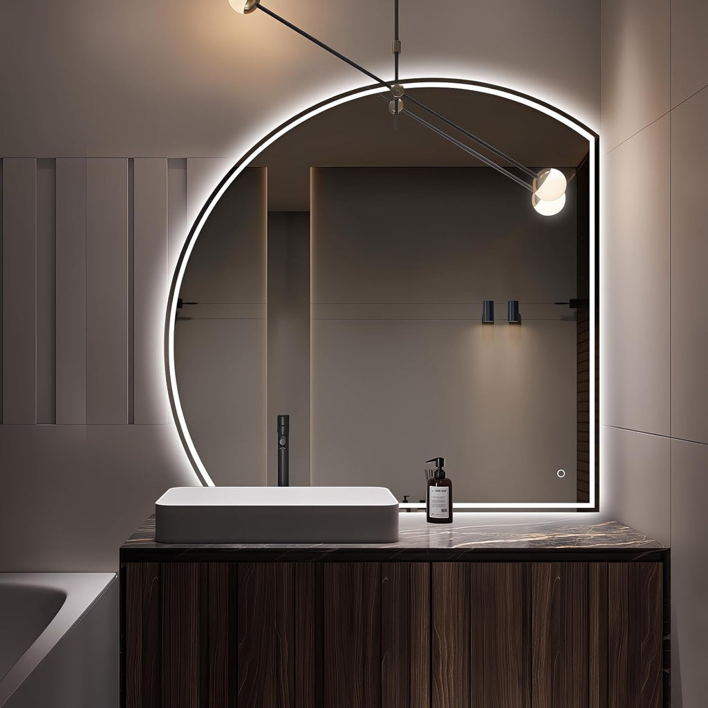 Niccy Half Moon Led Mirror for Bathroom, 36" Semi Round Backlit Mirror for Wall Lighted Mirror with Frameless 3 Color, Defogger, Explosion-Proof, HD Glass and IP65 Vanity Mirror