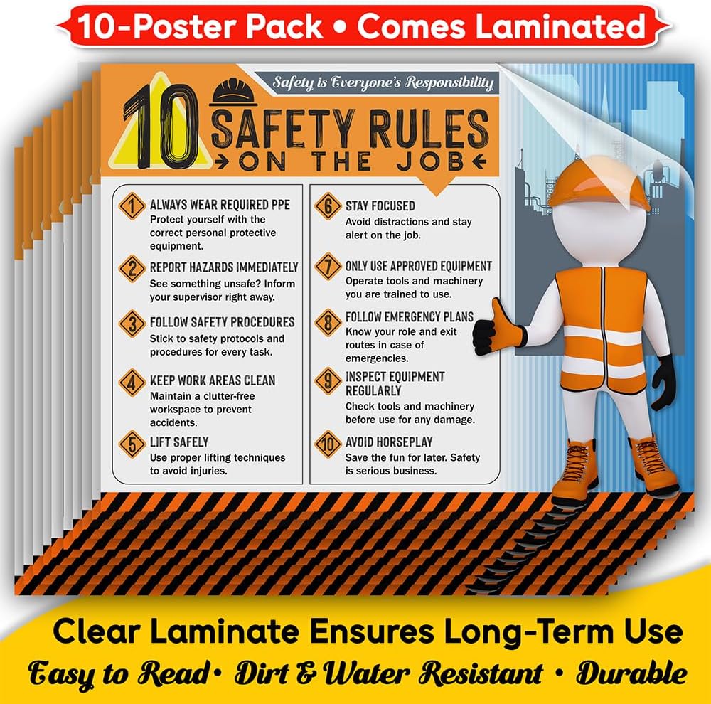 10 Safety Rules on the Job Poster 2026 Version – 18x24 Durable Laminated Safety Sign, Tear-Resistant, Waterproof Workplace Safety Poster for Industrial and Construction Settings (Pack of 10)