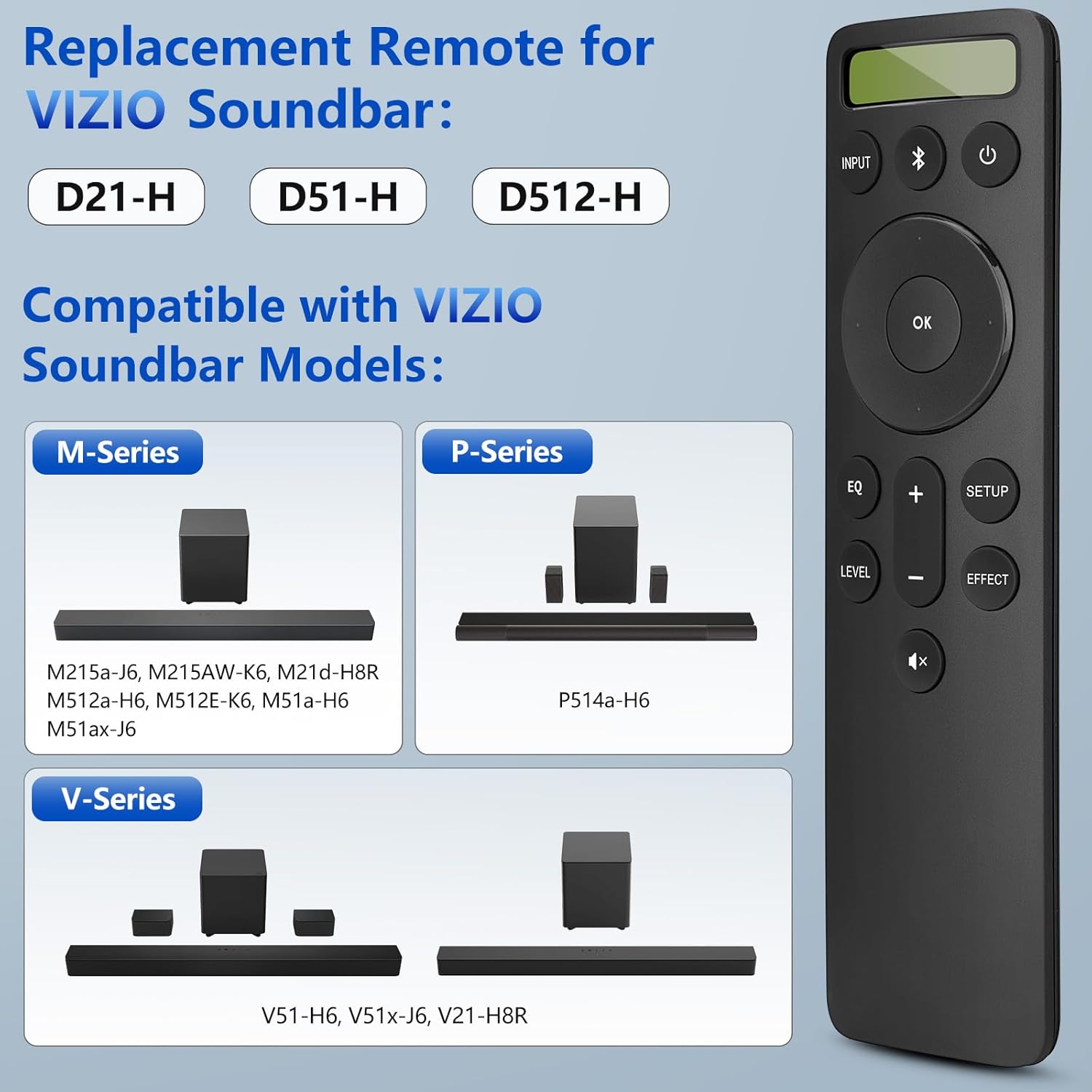 for VIZIO-Soundbar-Remote-Replacement，Backlit Display Remote for Home Theater Sound Bar，D21-H D51-H D512-H for VIZIO M/V/P Series Home Audio Sound System