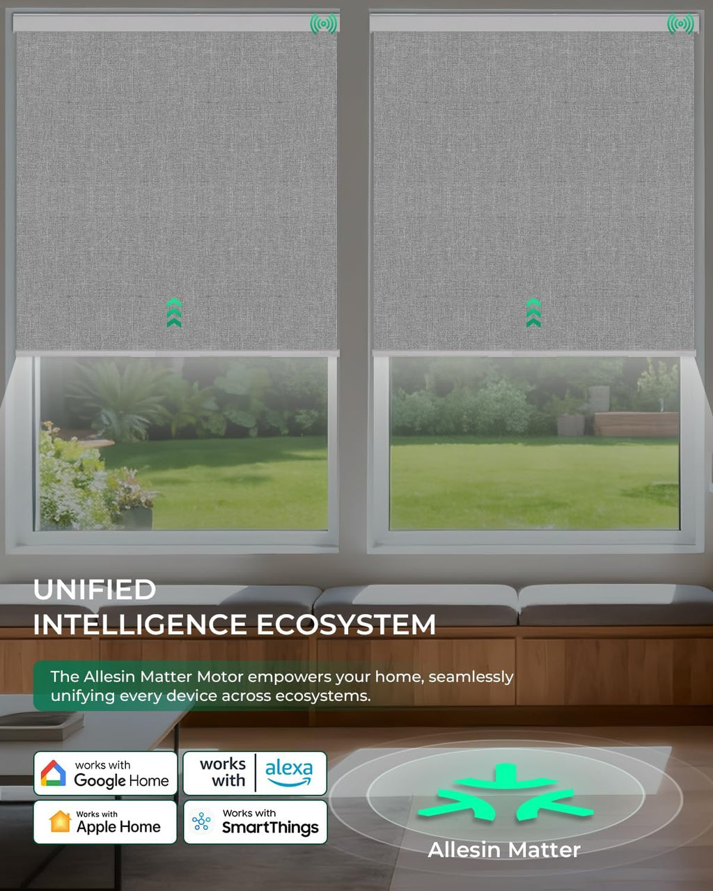 Allesin Motorized Roller Blinds – Rechargeable Smart Shades with Remote & Quiet Motor, Top/Bottom Aluminum Rails, Alexa-Compatible for Window (Custom Size, 100% Blackout Stone-Weave)