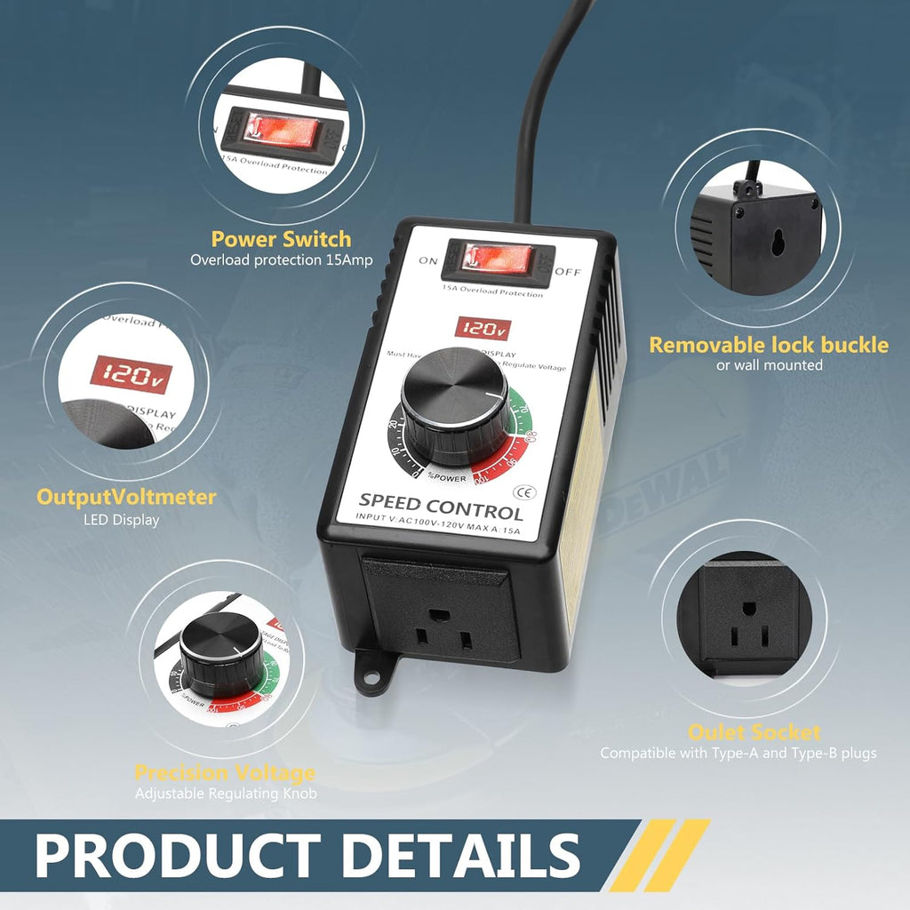 AC Motor Speed Controller 100V-120V 15A Max Variable Fan Speed Controller, Electronic Voltage Regulator for Electric Motors with Electronic Voltage Regulator & LED Display, and Overload Protection