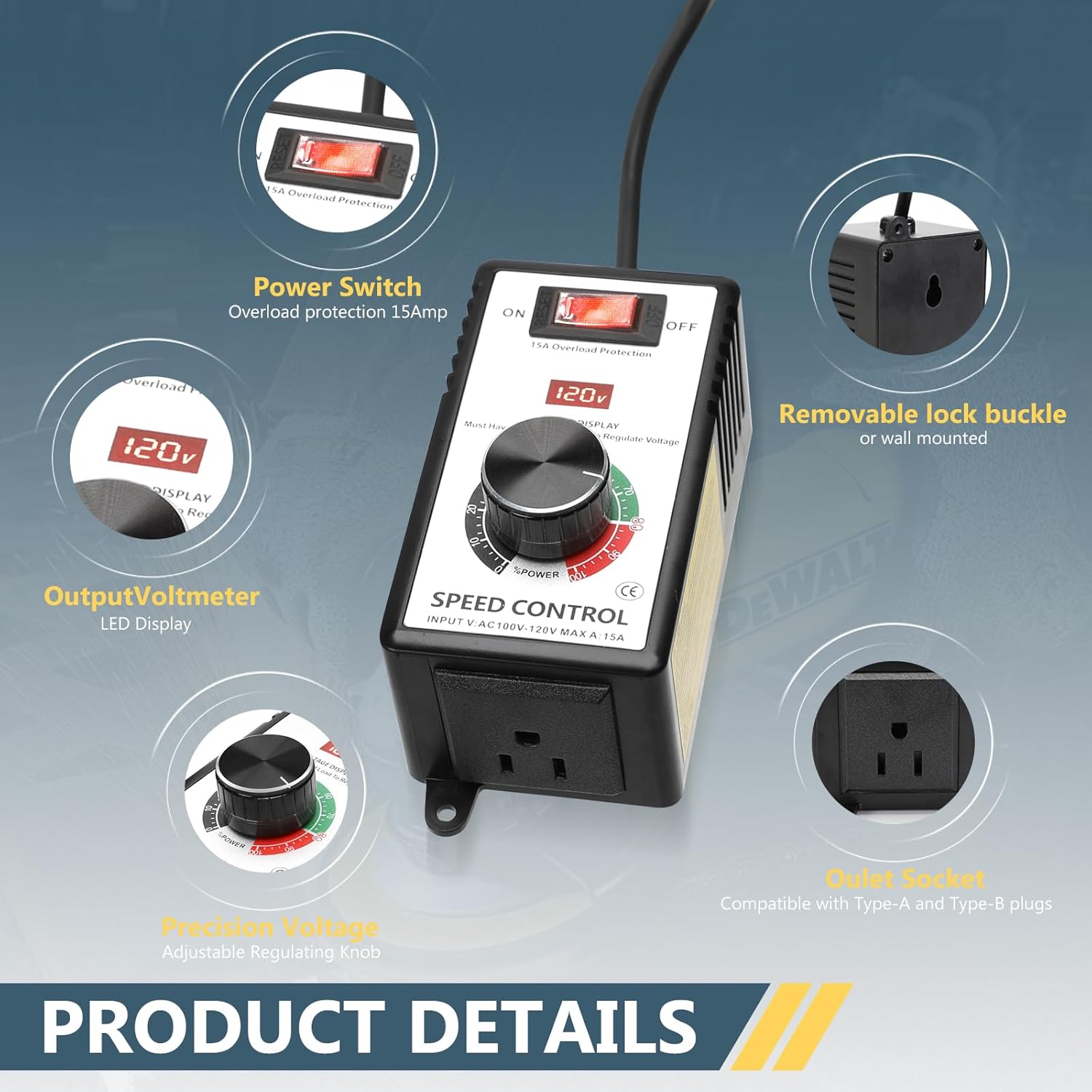 AC Motor Speed Controller 100V-120V 15A Max Variable Fan Speed Controller, Electronic Voltage Regulator for Electric Motors with Electronic Voltage Regulator & LED Display, and Overload Protection