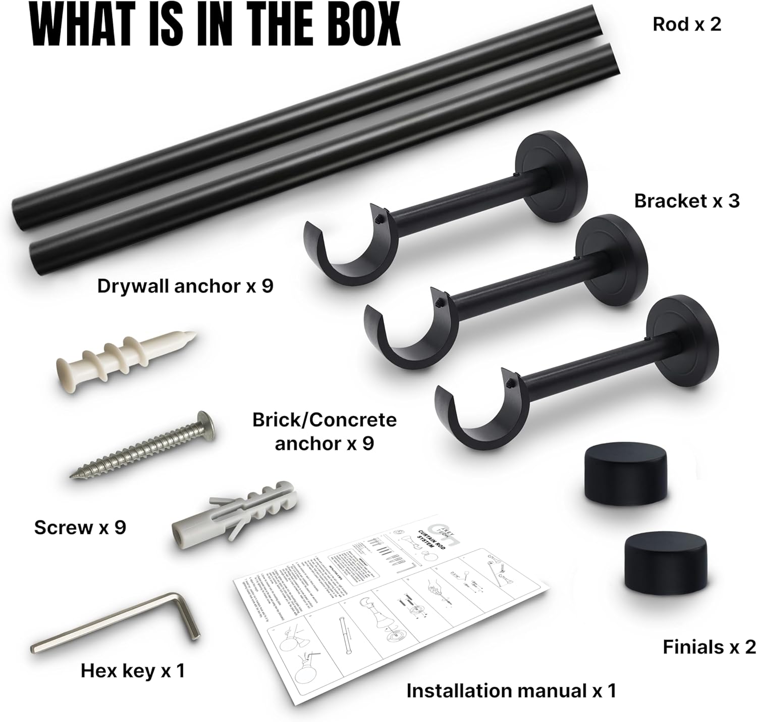 Matte Black Curtain Rod, Adjustable Curtain Rods for Windows 48 to 84 with three Heavy Duty Modern Design Long Brackets included, Matte Black 1 inch Expandable Rod
