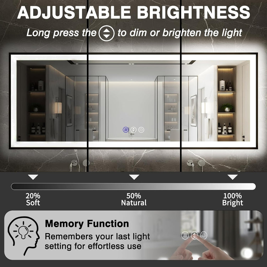28x36 Lighted Bathroom Mirror, Wall-Mounted, Black Rim Mirror, Vanity(Front and Backlit), Stepless Dimmable CRI90+, Anti-Corrosion, Anti-Rust, Touch Sense, Memory(Horizontal/Vertical)