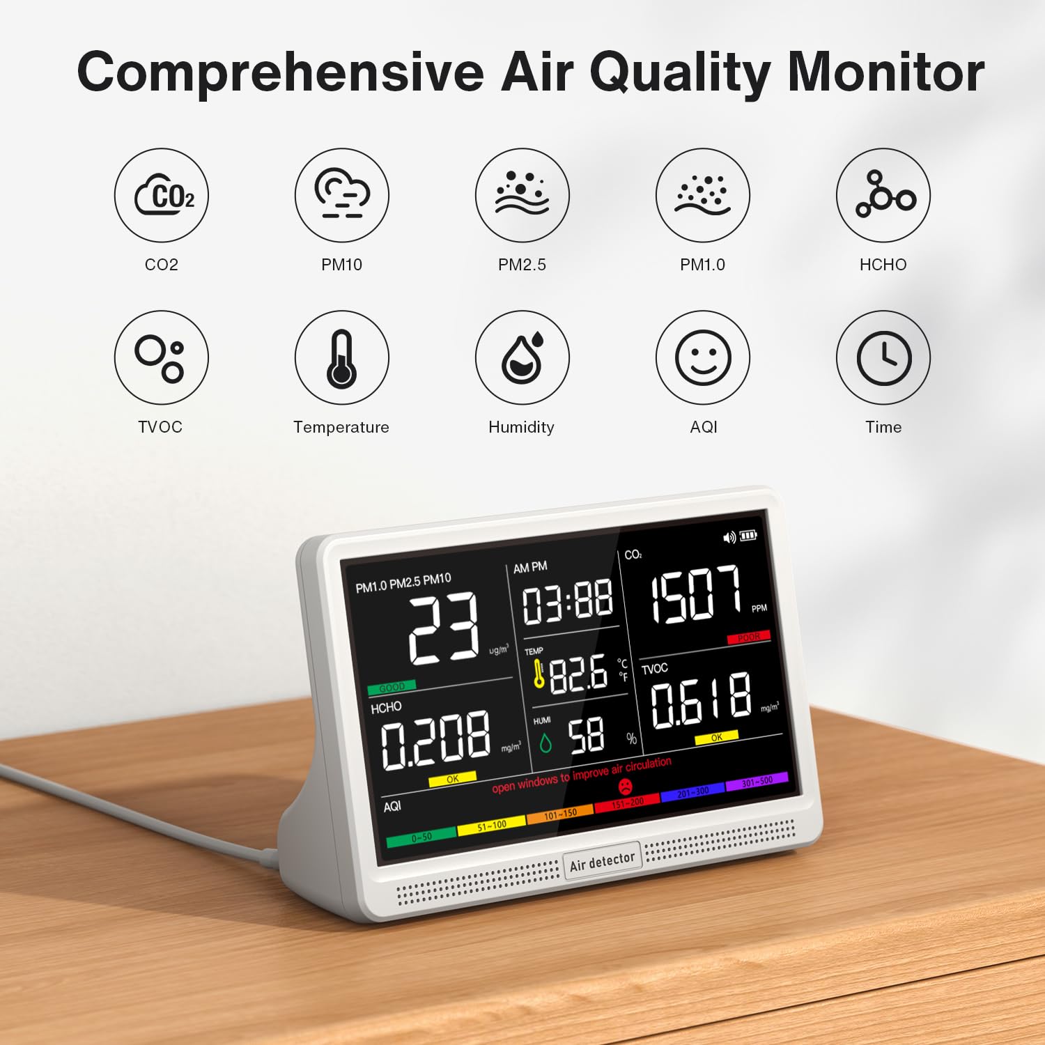 Upgrade Extended 12-Hour Battery Life 16 in 1 Air Quality Monitor Indoor with 7" Display, Professional Air Quality Meter for CO2, TVOC, PM2.5, PM1.0, PM10, HCHO, Temperature, Humidity, AQI & Time