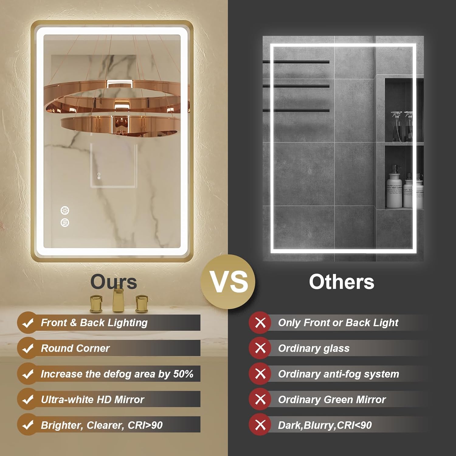 20"x 28" Gold Framed LED Mirrors for Bathroom, Wall Mounted Lighted Bathroom Vanity Mirror, Front and Backlight, Stepless Dimmable, 3 Colors, Anti-Fog, Memory, Smart Touch Button