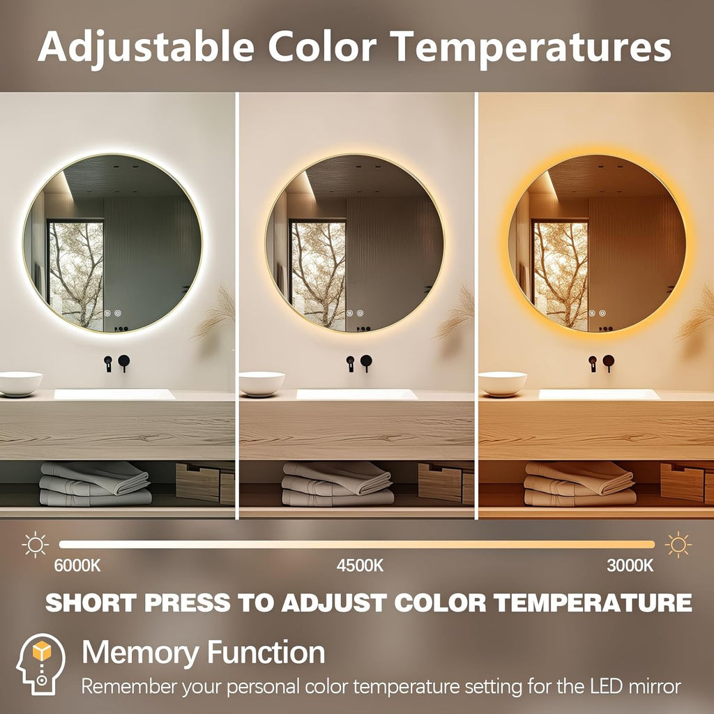 Niccy Round Led Mirror for Bathroom, 32" Backlit Mirrors for Wall Circle Lighted Mirror with Old Gold Frame Anti-Fog, 3 Colors, HD Glass and IP65 Waterproof