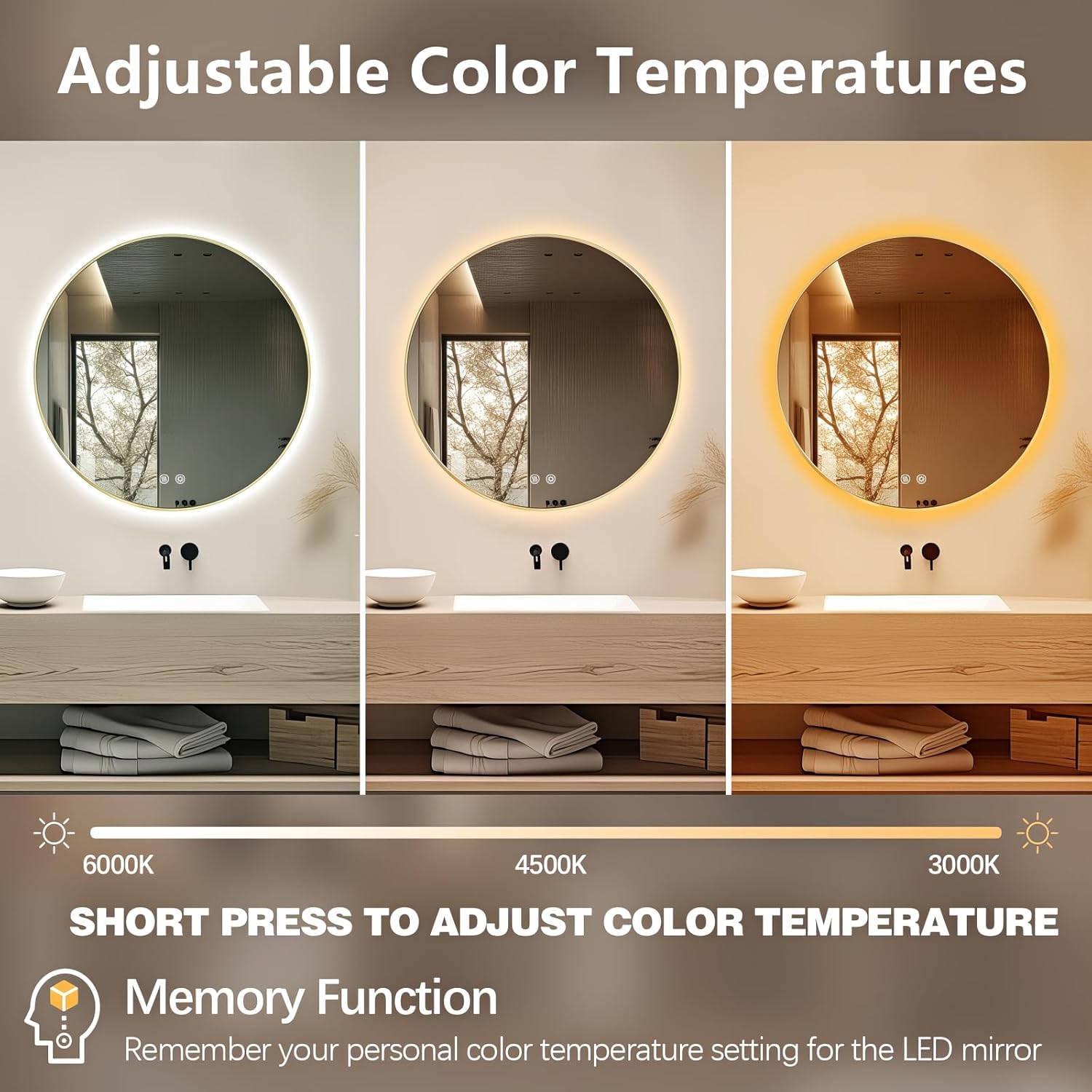 Niccy Round Led Mirror for Bathroom, 32" Backlit Mirrors for Wall Circle Lighted Mirror with Old Gold Frame Anti-Fog, 3 Colors, HD Glass and IP65 Waterproof