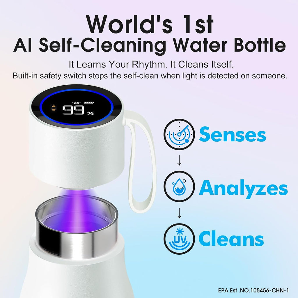 VSITOO 15oz Smart Self Cleaning Water Bottle，Insulated Water Bottle with Stainless Steel, BPA-Free, AI Self-Clean, 30-Day Battery, Magnetic Charging for Travel, Gym or Office, White