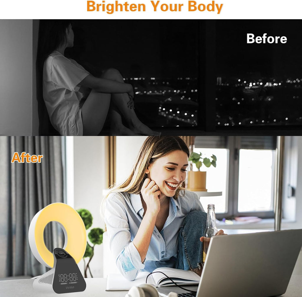 Voraiya Light Therapy Lamp 10000 Lux with Bluetooth, 8 White Noises, Dimmable Wake Up Light Sunrise Alarm Clock, 4 Timer Settings, Memory Function for Sensitive Sleepers and Home Office