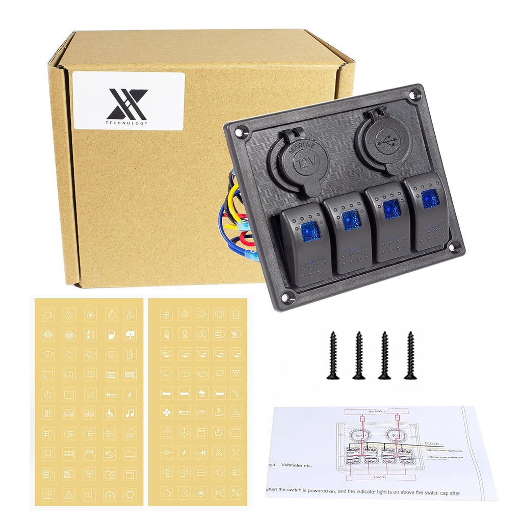 4 Gang Rocker Switch Panel - Multi-Function LED On-Off Switch with 3.1A Dual USB Charger, Waterproof Marine Switch Panel for Automotive Cars, Boats, RVs, SUVs