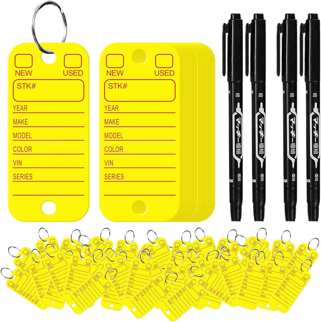 500 Pcs PVC Tags with Labels and Rings, Car Key for Organization, Identifiers, and Luggage Tags with 4 Pcs Markers, Plastic Keychain Tags for Car, Truck, and Dealer Use