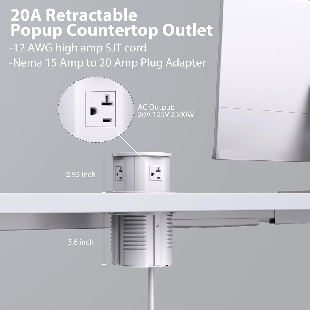 ANNQUAN 20 Amp Pop Up Countertop Outlet with 15W Wireless Charger,Max 65W Power Delivery,4.75" Pop Up Electrical Outlet with 3 Outlets 3 USB Ports for Home Office