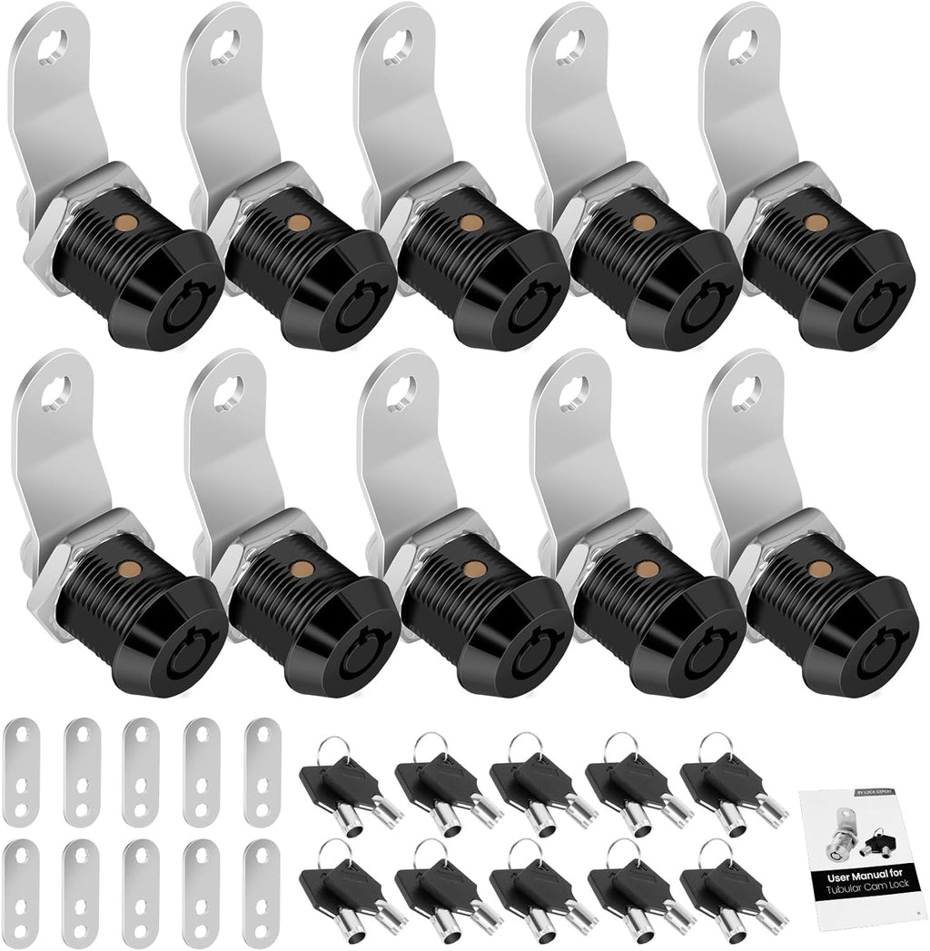 10 Pack Tool Box Lock with Keys, 5/8" RV Storage Lock Keyed Alike, Cabinet Lock Cam Locks for Toolbox Lock Replacement Mailbox RV Compartment Locks with Manual (Black -10 Pack, 5/8 Inch)