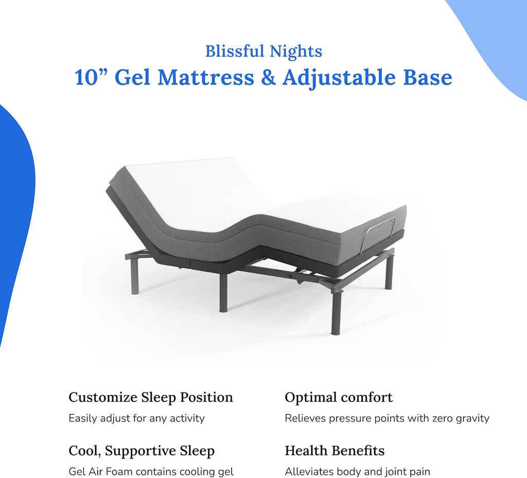 Blissful Nights e4 Twin XL Adjustable Bed Base Frame with 10" Medium Firm Gel Infused Memory Foam Mattress