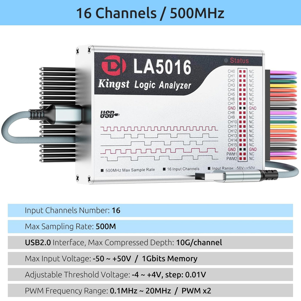LA5016 USB Logic Analyzer - 16 Channels 500MS/s 10GB Depth PWM Generator, MCU ARM FPGA Debug Tool, English Software, Support for Windows, macOS, Linux
