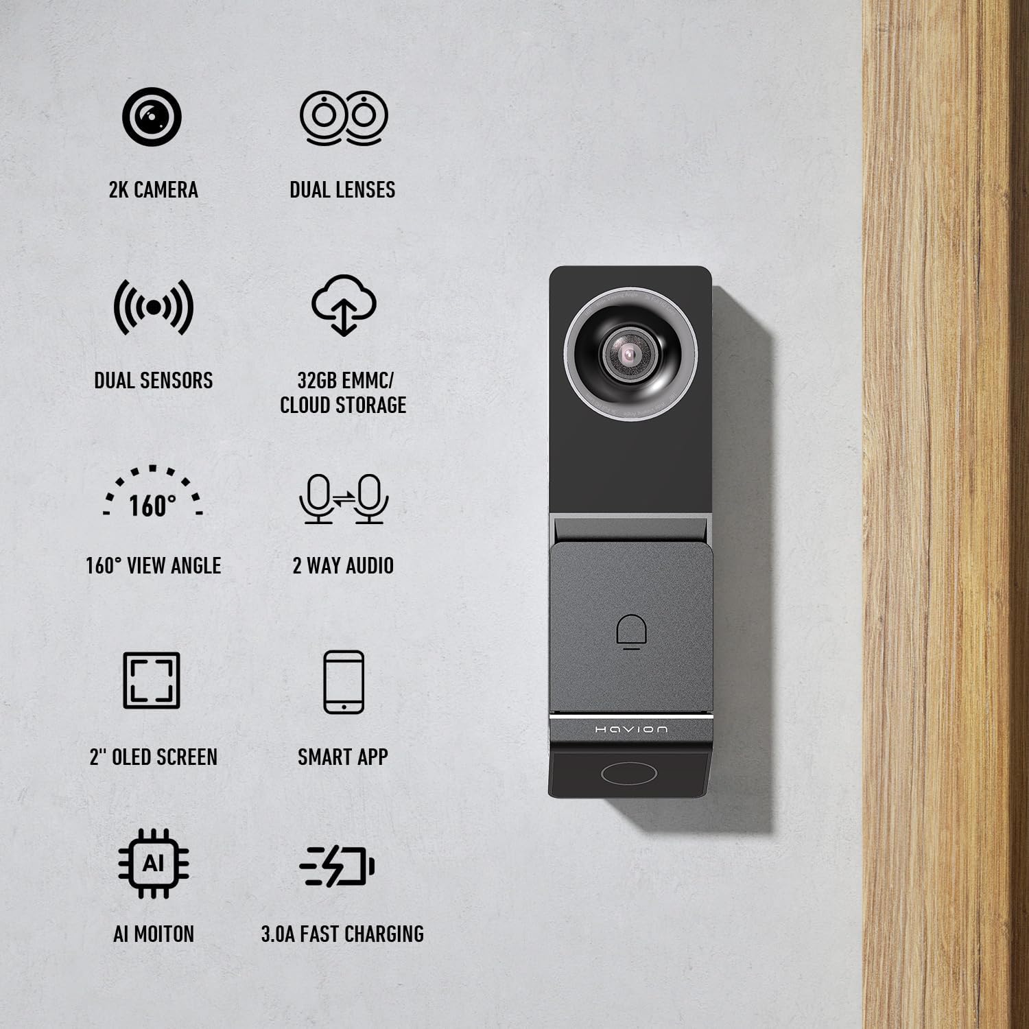 Havion D2 Wired Video Doorbell Camera - by NIU Inno., Incl. Chime, Dual Cameras, 5MP 3K QHD, 2'' Screen, 32GB eMMC, AI Motion Detection Real-time Alerts, 2-Way Audio, Battery & Wired Power Optional