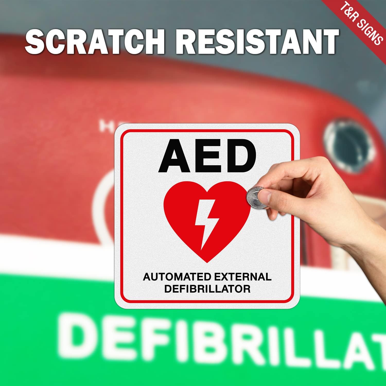 T&R AED Stickers - 10 Pack - 5 x 5 Inches Reflective Label, UV resistant, waterproof, fade and scratch resistant, suitable for indoor and outdoor