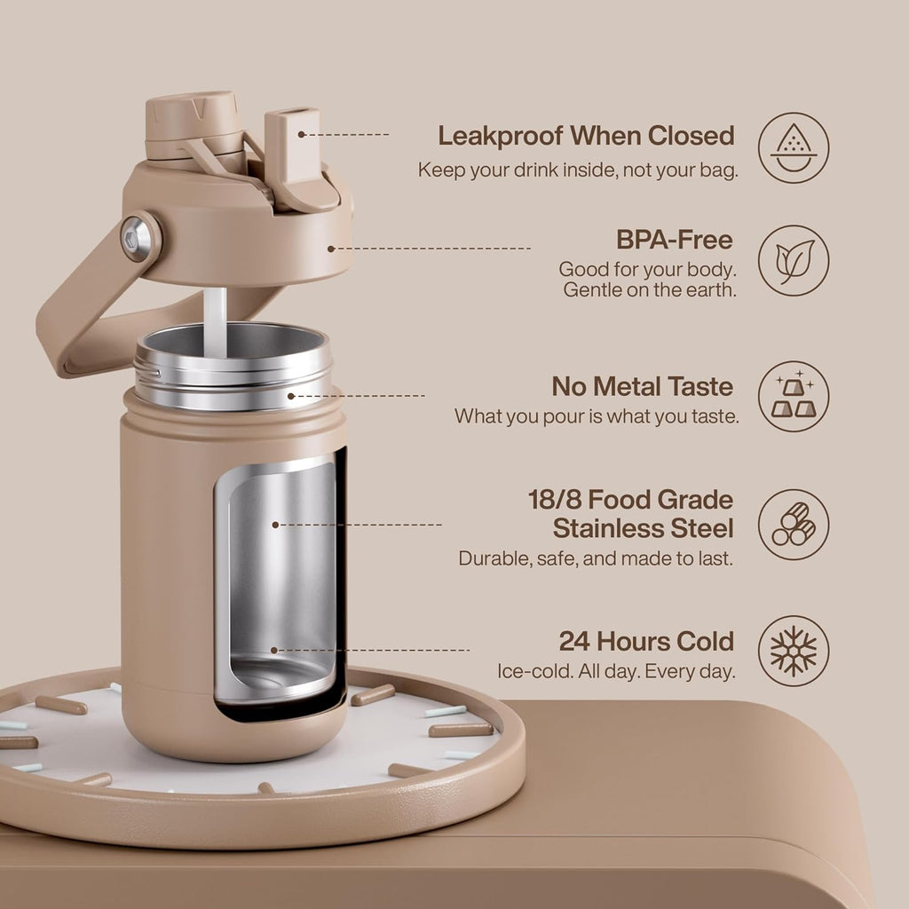 Kids Insualated Water Bottle with Straw - 12oz Stainless Steel Water Bottle with Dual Spouts, Leak-Proof, BPA-Free, Double Wall Vacuum Keeps Cold for 24 Hours for Sports, Travel, School (Raw Umber)