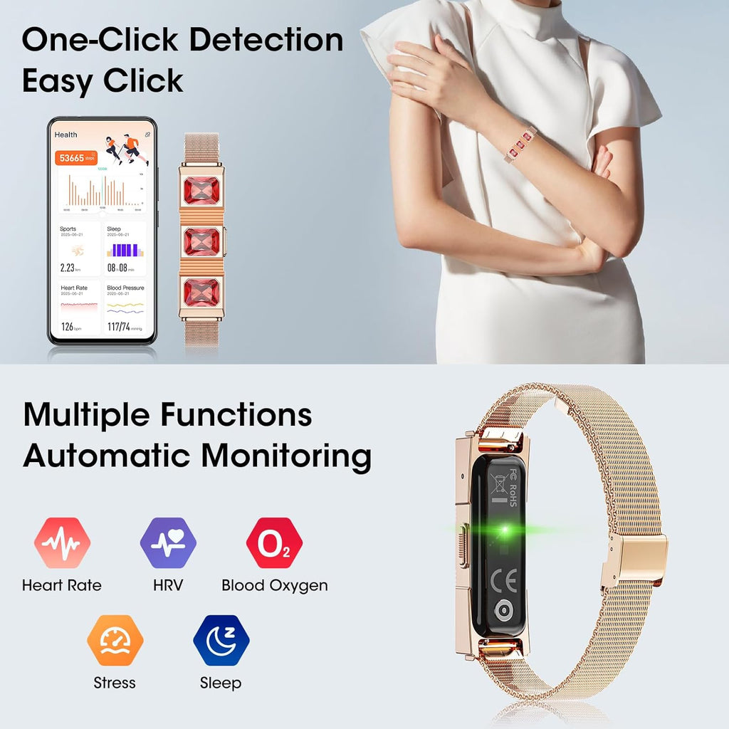 Mingtawn Women's Smart Bracelet with 2 Bands, Health Fitness Tracker, 24/7 Heart Rate/Blood Oxygen/HRV/Sleep Monitor, Fashion Ruby Wristband with Message/Call Reminder Free Subscription (Rose Gold)