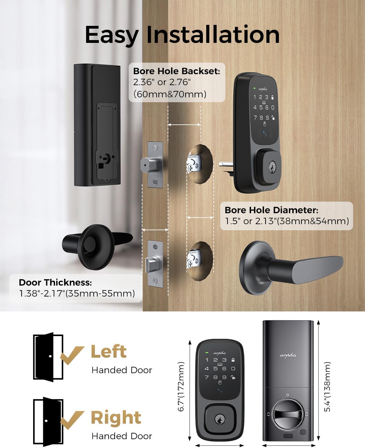 ARPHA Keyless Entry Door Lock, Palmar Vein Recognition Deadbolt with Handleset for Front Door, Built-in WiFi, Amazon Alexa, Google Assistant, App-Control, Voice Control, NFC