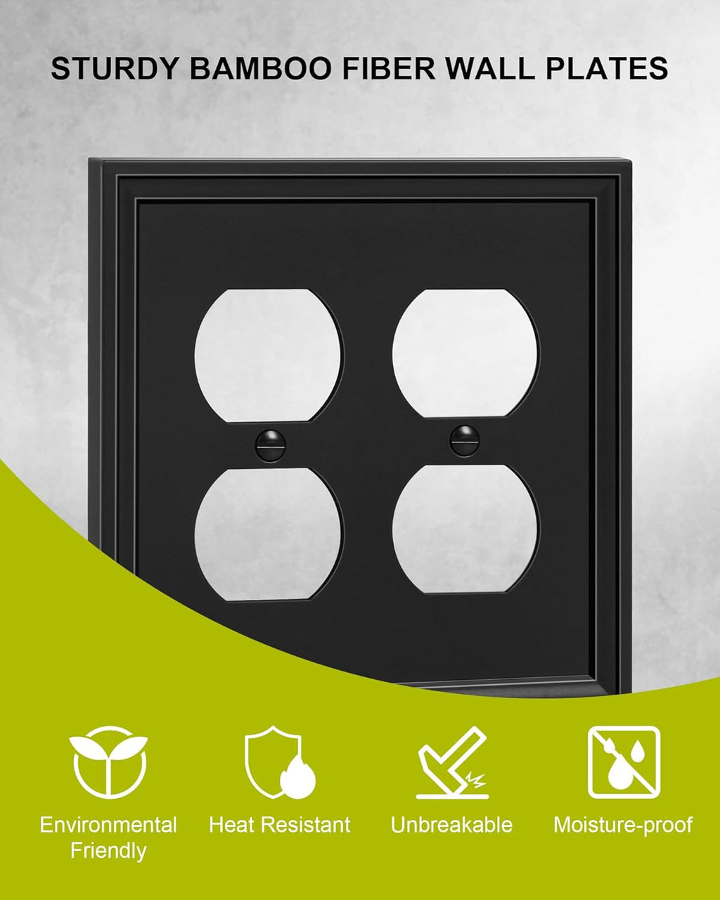 2-Pack Double Duplex Outlet Cover, Natural Bamboo Fiber Switch Plates and Outlet Covers, Black Decorative Wall Plates for Electrical Outlets, 2 Gang Receptacle Cover, Corrosion Resistant