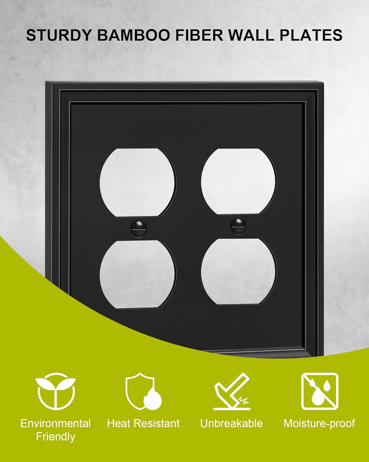 2-Pack Double Duplex Outlet Cover, Natural Bamboo Fiber Switch Plates and Outlet Covers, Black Decorative Wall Plates for Electrical Outlets, 2 Gang Receptacle Cover, Corrosion Resistant