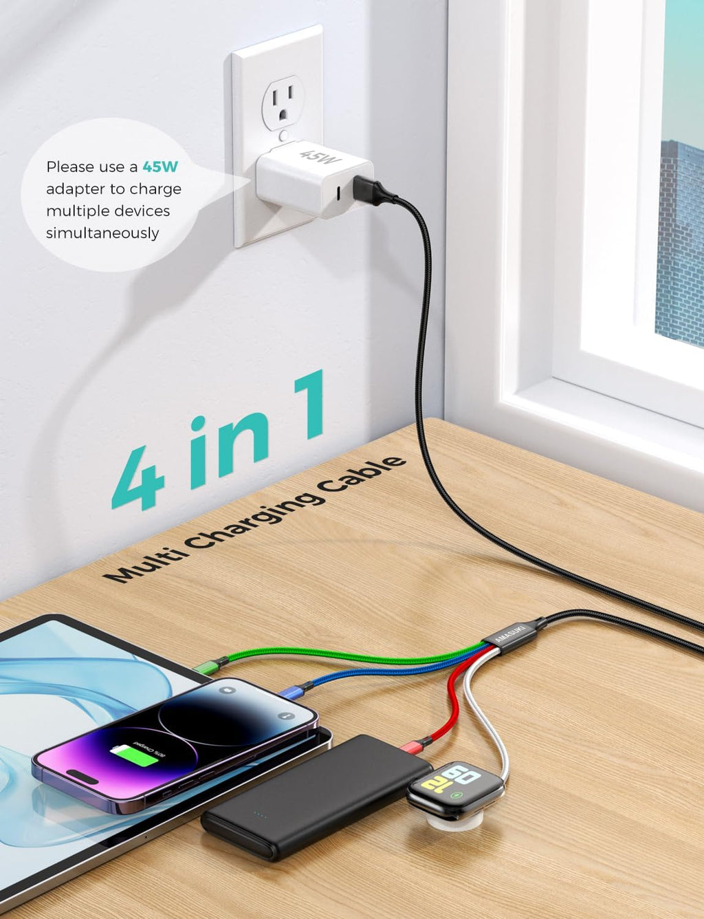 Travel Essentials,4 in 1 for Apple Watch Charger/iPhone Charger/Multi Charging Cable,Vacation RV Camping Essentials,USB C/L/Micro Portable Charger for iWatch 11-1/iPhone 17-12,Car&Gift-4FT