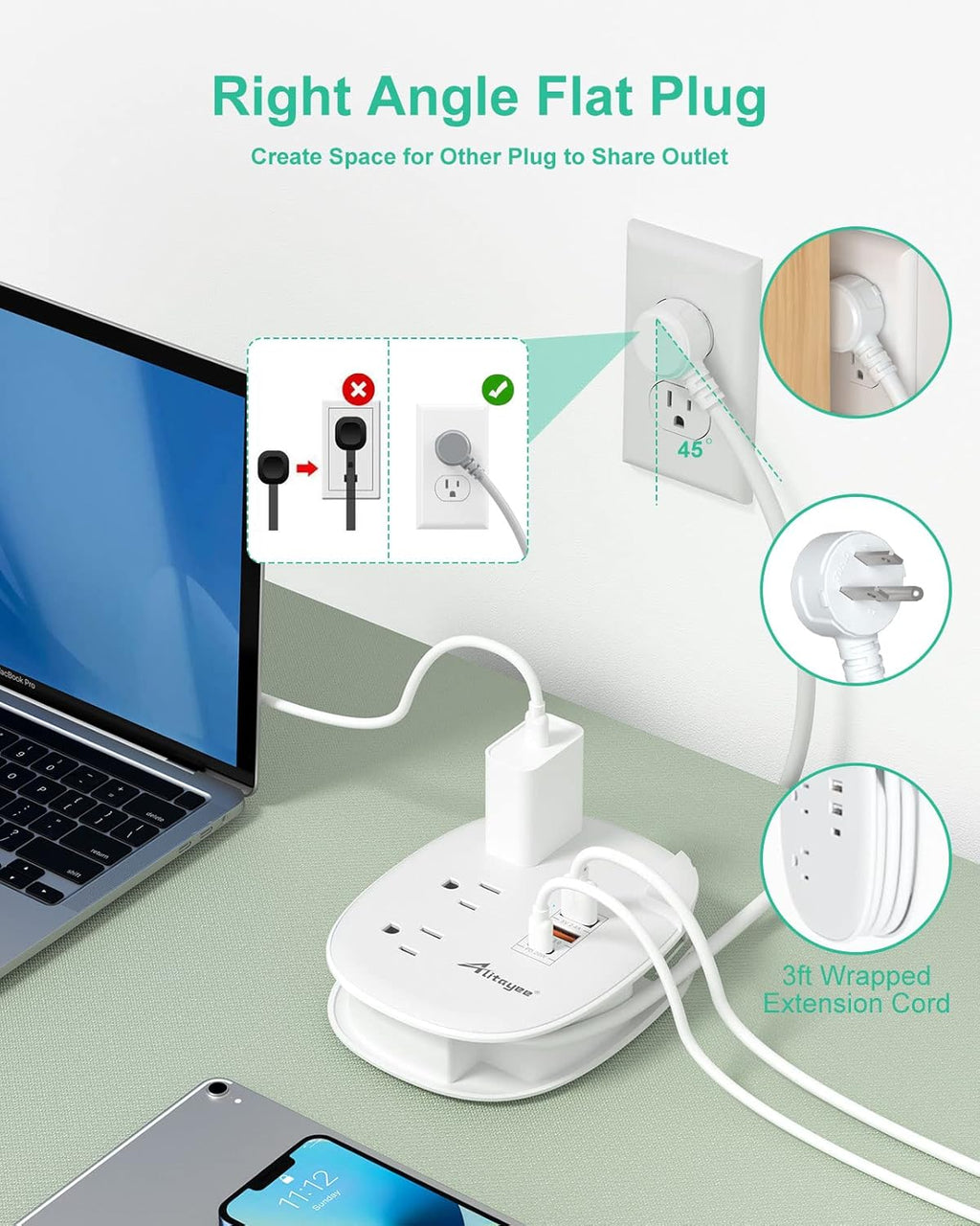 Alitayee 20W USB C Power Strip with 3 Outlets and USB C Fast Charging for iPhone, QC 3.0 Charger, Flat Plug and 3ft Wrapped Around Extension Cord for Cruise Travel Home Office Dorm
