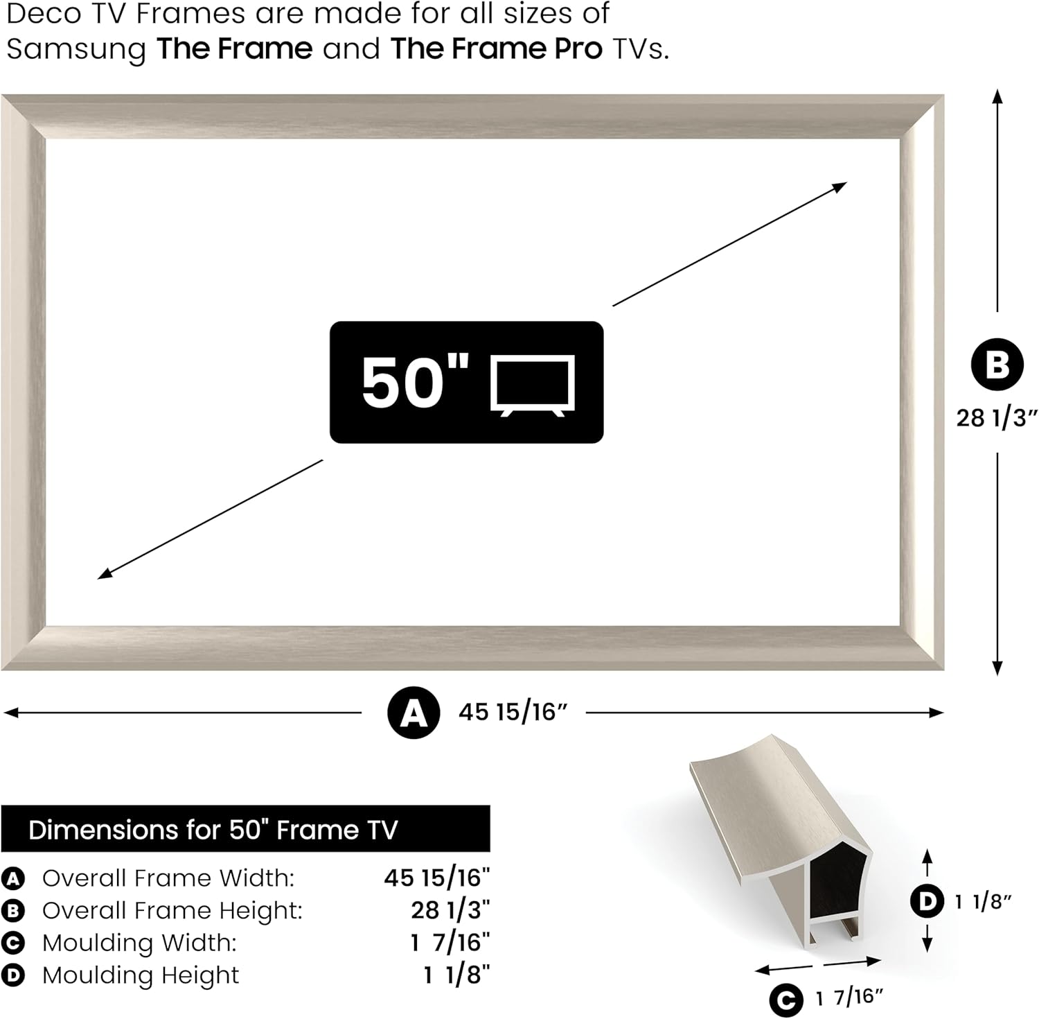 German Silver Prismatic 50" Alloy Deco TV Frame - Compatible ONLY with Samsung The Frame TVs (Fits 2021-2025, LS03A, LS03B, LS03C, LS03D, LS03FA)