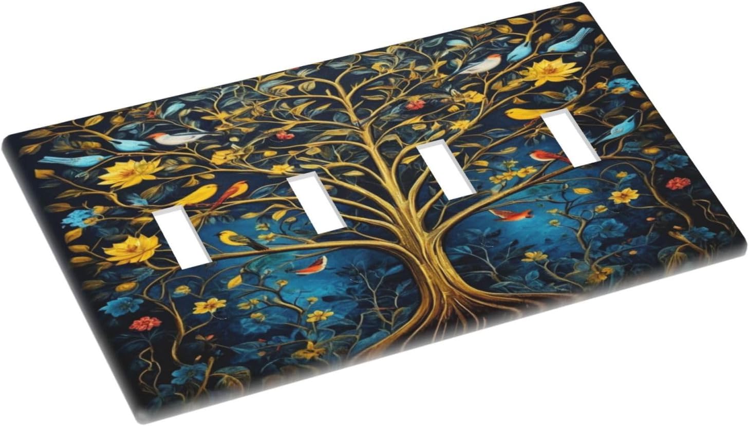 Gold Tree With Birds Flowers on Branches Light Switch Covers Quad Toggle 4 Gang Wall Plate Decorative Switchplate Electrical Faceplate for Farmhouse Bathroom Living Decor
