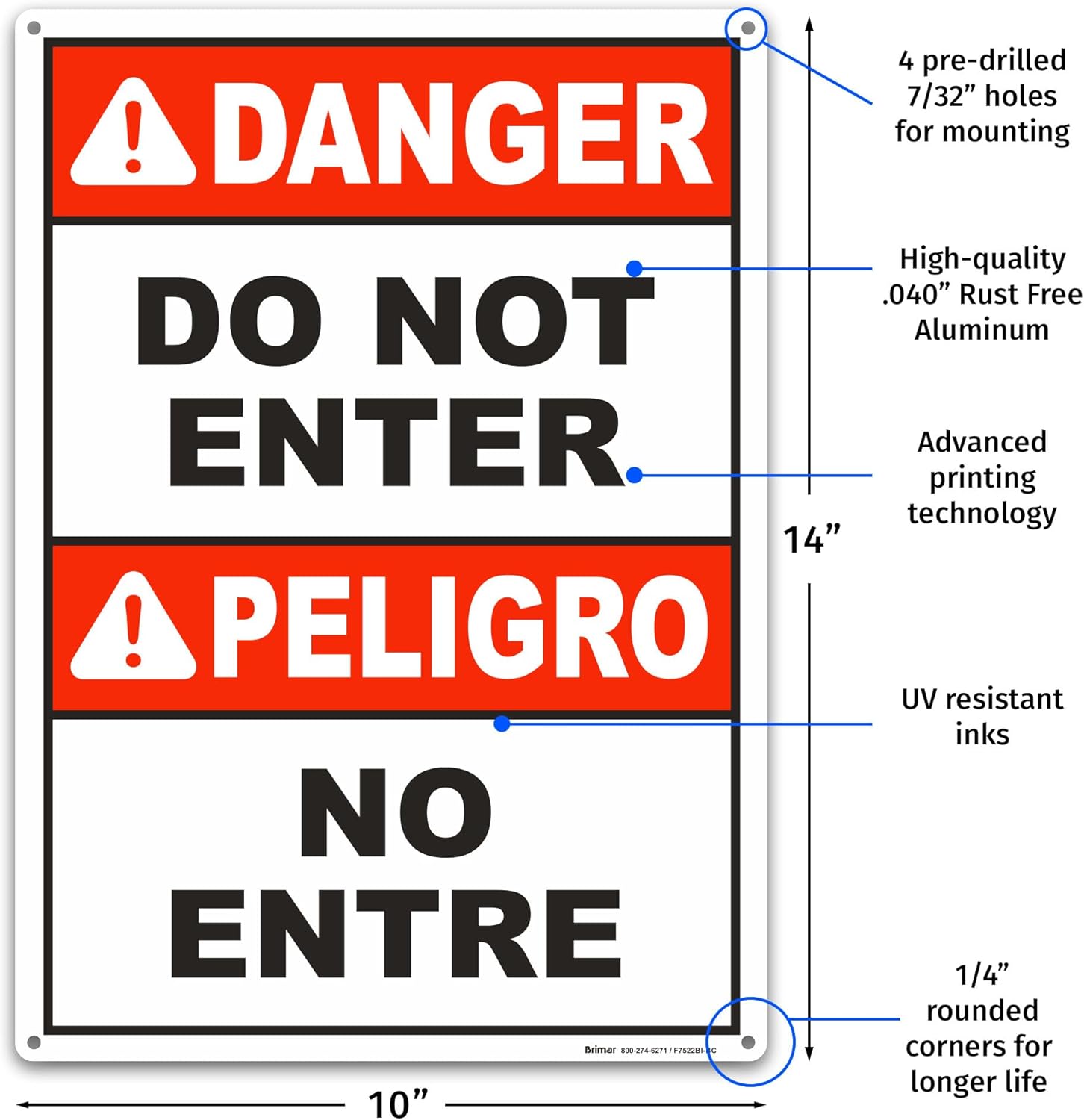 Brimar - 10" x 14" - Bilingual Danger Do Not Enter Sign - .040″ Rust-Free Aluminum - Safety Promotion - Easy Installation