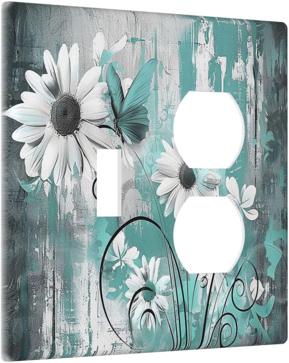 Wallplates Teal Daisy Floral Vintage Wood Plank 1 Toggle 1 Duplex Switch Plate Electrical Gfci Faceplate Decorative Light Switch Covers For Farmhouse Cabin Decor