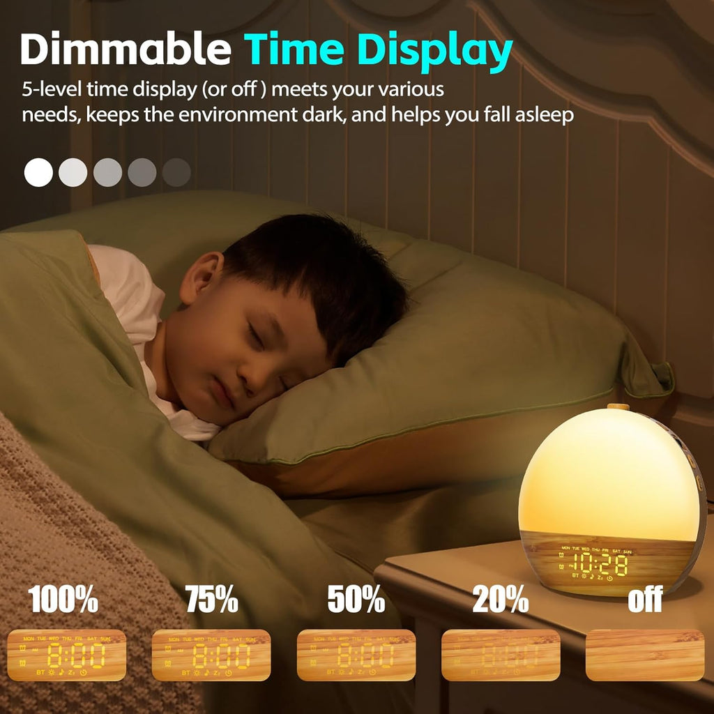 Wood Grain White Noise Sound Machine Sunrise Alarm Clock with 25 Soothing Sounds, 17 Dimmable Night Lights, Bluetooth Speaker Wake Up Light alarm clocks for bedrooms, Heavy Sleepers, Baby, Kids