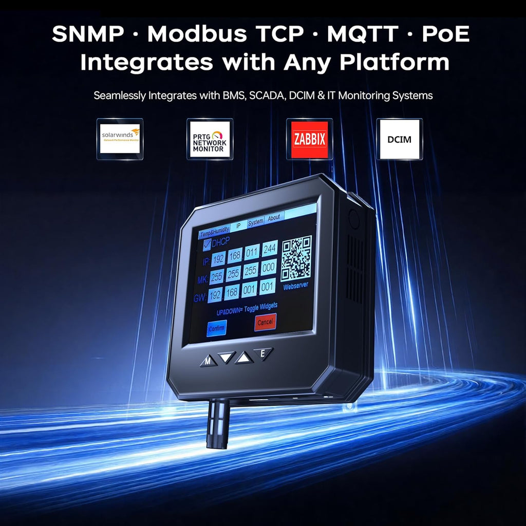 APEM-5930 Ethernet Temperature Humidity Sensor, PoE Server Room Monitor with Web Interface, SNMP Modbus MQTT Support, Dual Power, IP55, Data Logging, Alarm & Relay Output for IT & Industrial Use