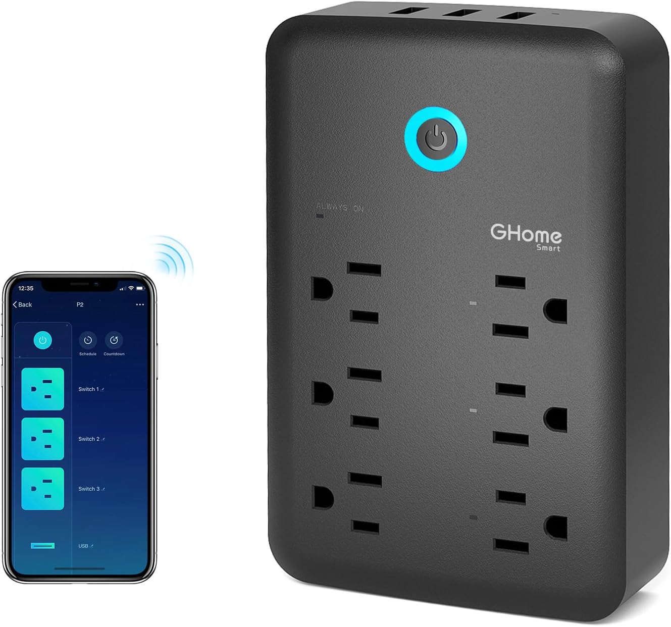 GHome Smart Plug Outlet Extender, USB Wall Charger with 3 Individual Smart Outlets and 3 Smart USB Ports, Works with Alexa Google Home, Surge Protector Plug Extender for APP Control,15A/1800W