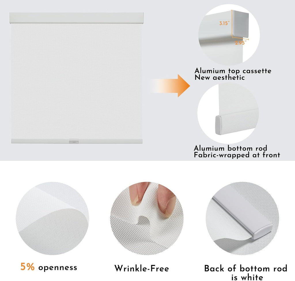 Persilux Free-Stop Cordless Solar Shades for Windows Shades Light Filtering Roller Shades (White, 20" W x 72" H) 5% Openness UV Protection Flame Retardant View Through Roller Blinds for Windows, Home