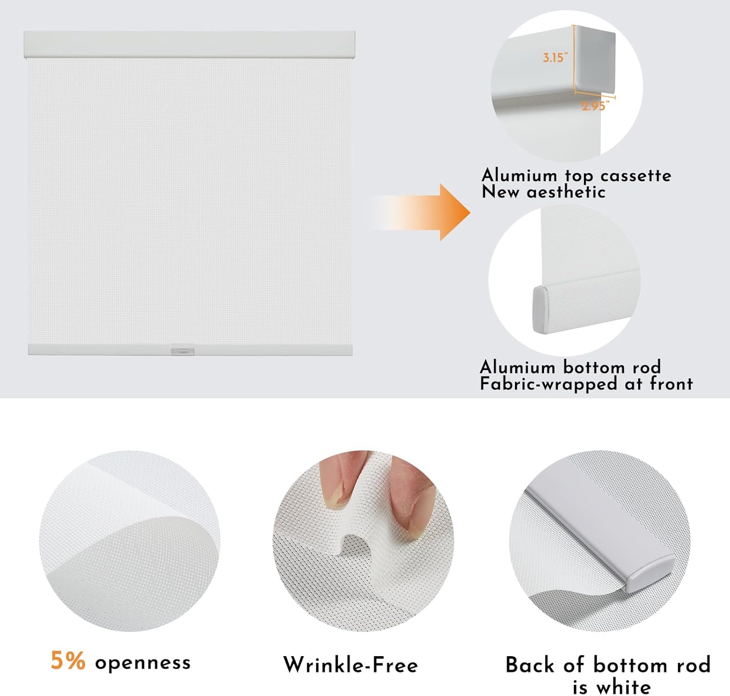 Persilux Free-Stop Cordless Solar Shades for Windows Shades Light Filtering Roller Shades (White, 20" W x 72" H) 5% Openness UV Protection Flame Retardant View Through Roller Blinds for Windows, Home