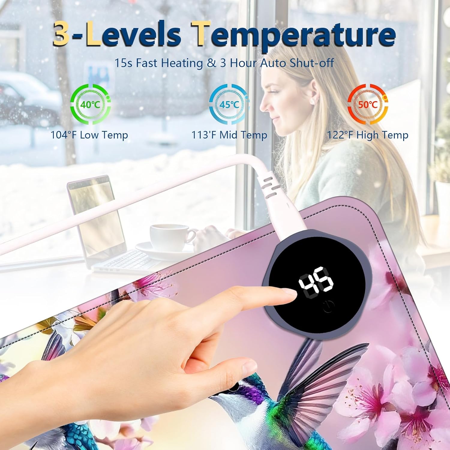 Heated Mouse Pad with 3 Temperature Settings(104°F–122°F),Large 31.5x13 Inch PU Leather Heated Desk Mat,Waterproof Warming Pad for Office,Gaming & Cold Hands Relief,Hummingbirds Flowers