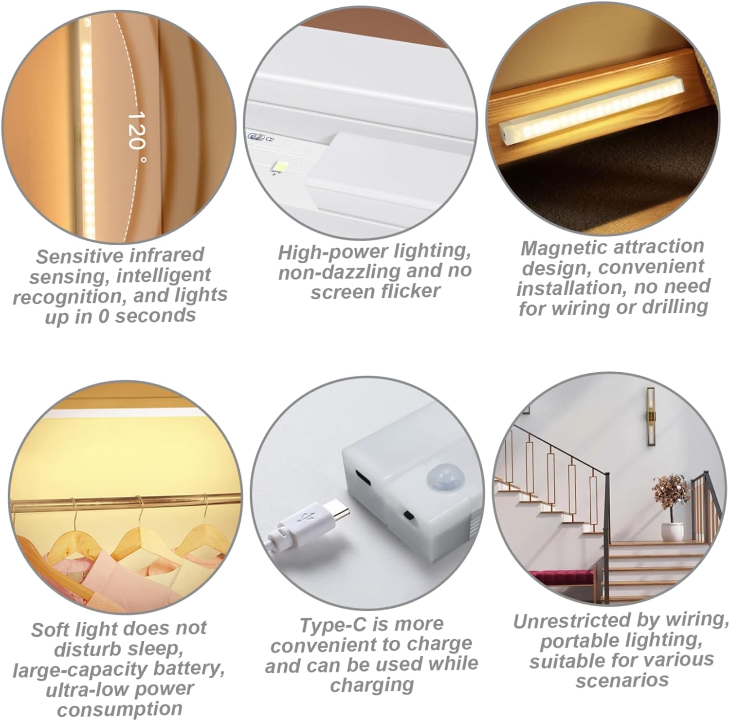 Under Cabinet Lighting 4Pcs LED Dimmable Magnetic Motion Sensor Light Indoor 8 Inch Rechargeable Portable Cordless Lamp for Kitchen Stairs Bedroom RV Dorm