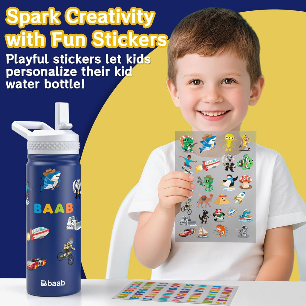 baab 18oz Kids Water Bottle, Insulated Water Bottle with Straw & Stickers, 18/8 Stainless Steel Vacuum Leakproof Kids Water Straw Cup for School, Perfect for Boy Girl (Navy Blue+Pink, 2 Pack)