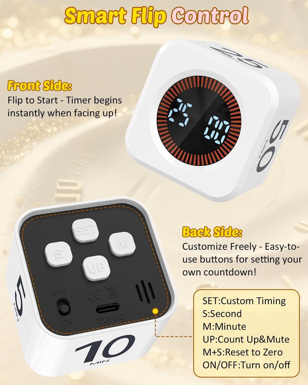Pomodoro Timer Cube Visual Productivity Flip Timer for Kids Classroom Desk, 5/10/25/50min&Custom Countdown, Silent&Sound Mode Digital Cube for ADHD Study Work School Game Kitchen (White)
