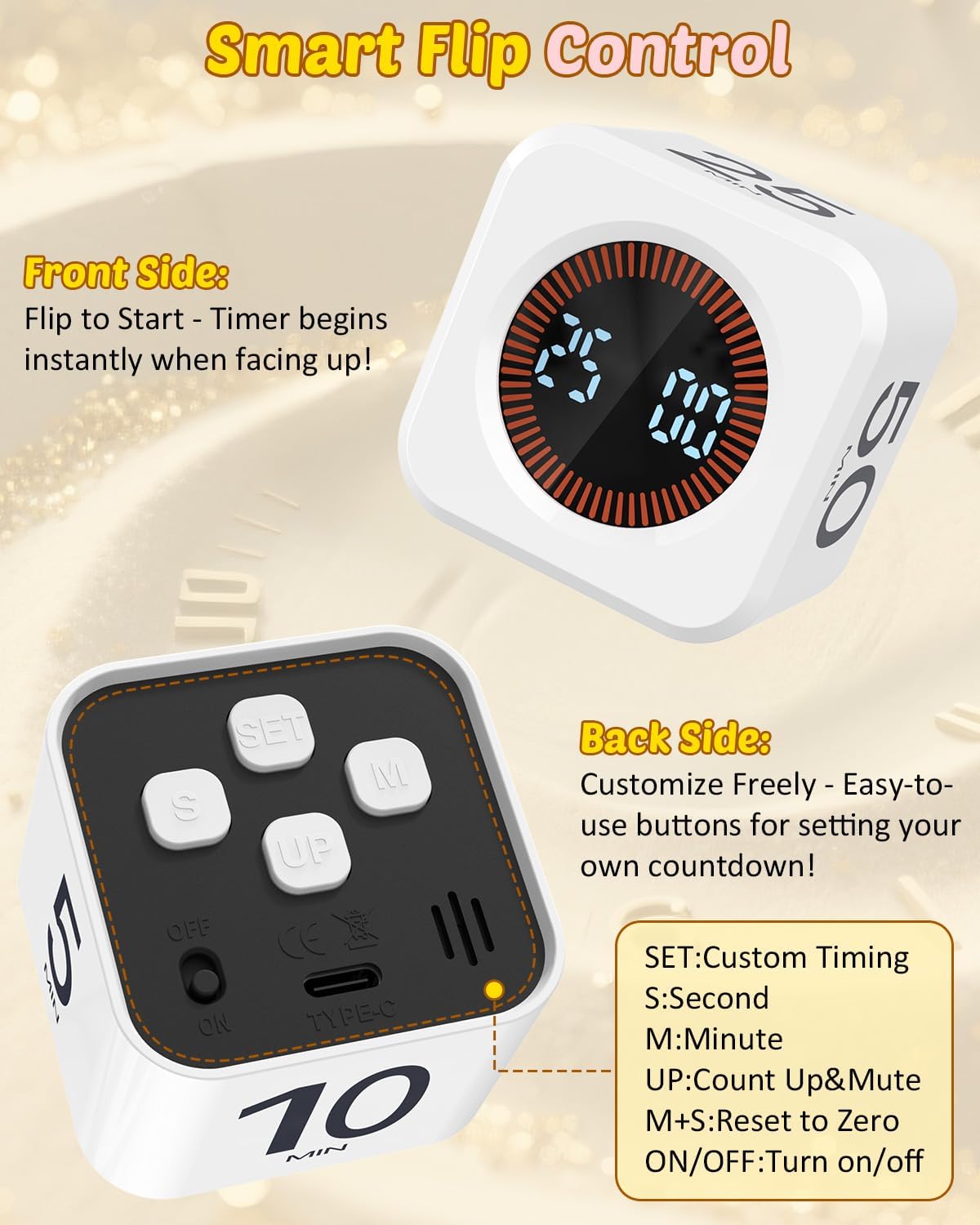 Pomodoro Timer Cube Visual Productivity Flip Timer for Kids Classroom Desk, 5/10/25/50min&Custom Countdown, Silent&Sound Mode Digital Cube for ADHD Study Work School Game Kitchen (White)