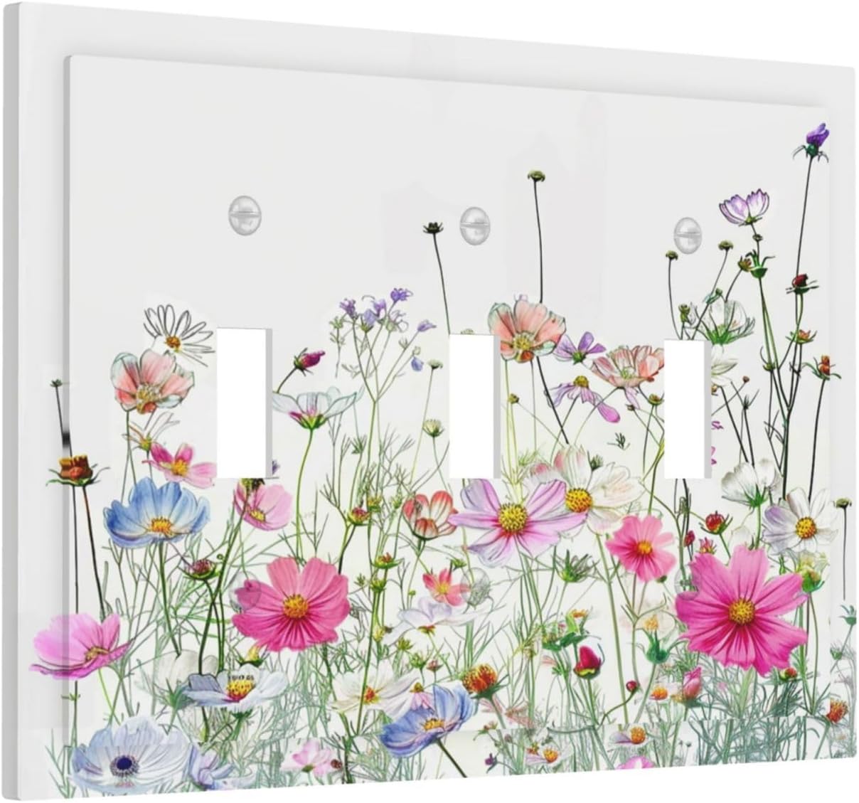 Decorative Switch Plates Boho Colorful Flowering Plant Wild Flower 3 Gang Wall Plate Triple Toggle Light Switch Cover Faceplate Electrical Wall Panels For Bed Room Living Room Decor