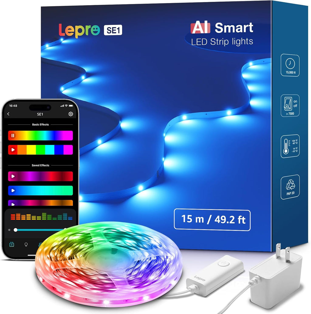 Lepro SE1 AI Smart LED Strip Lights - 49.2ft RGB Color Changing Light Strips with APP Control, AI Generated Lighting, Music Sync, 2.4GHz Wi-Fi & Bluetooth LED Lights for Home Decor (No Remote)