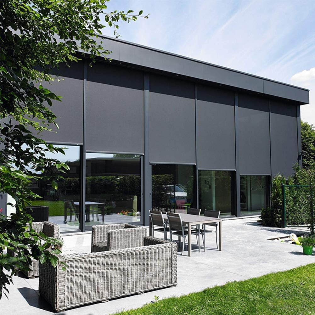 ZSHINE Hard-Wired Outdoor Snow Blocking Weatherproof Motorized Patio Roller Shades Remote Control for Porch Balcony Customized Size (Grey 1% Openness)