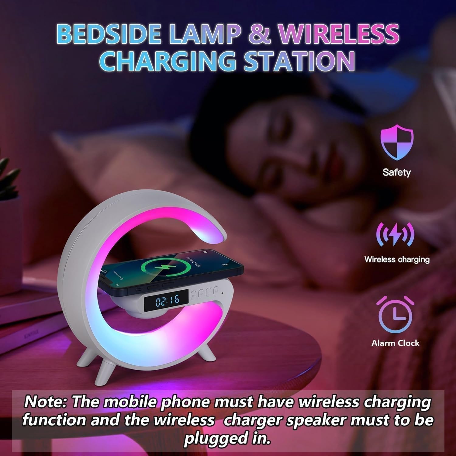 2026 New Smart Mini Table Lamp with Wireless Charger, Bluetooth Speaker Alarm Clock, Night Light for Bedroom Office Desk, Gifts for Kids Teens Chirstmas（Black）