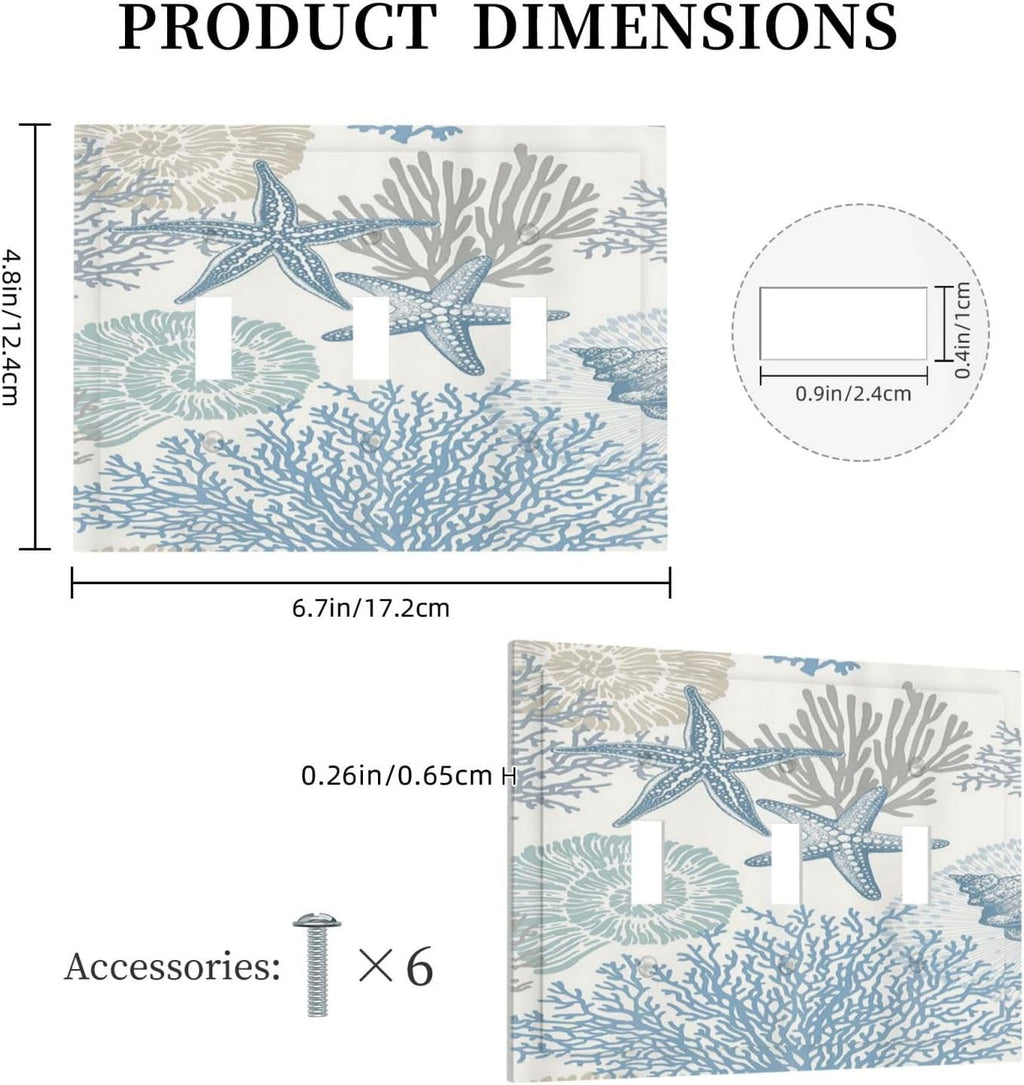 Decorative Light Switch Plate Covers Blue Starfish Coral Seaweed 3 Gang Light Switch Cover Plate Triple Toggle Wall Plate Outlet Covers for Bathroom Bedroom Decor